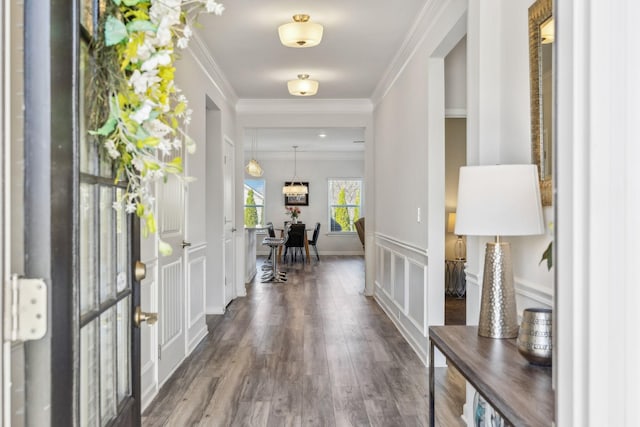 foyer with wood finished floors, ornamental molding, and a decorative wall