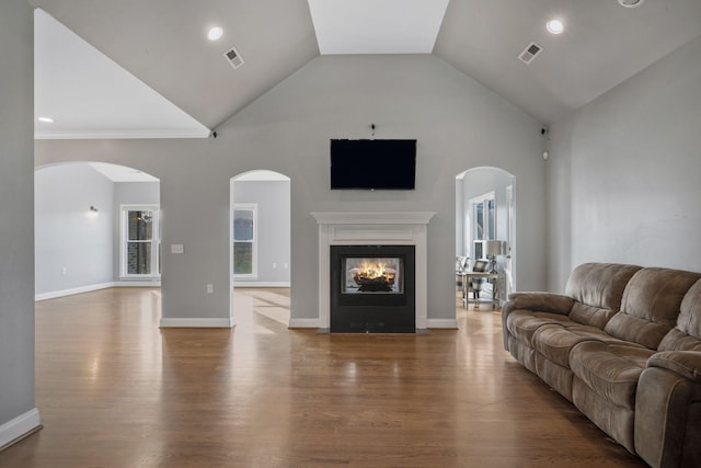 living area with visible vents, a multi sided fireplace, baseboards, and wood finished floors