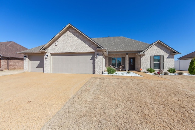 ranch-style house with brick siding, concrete driveway, an attached garage, and fence