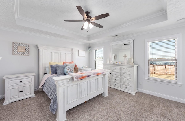 bedroom featuring light colored carpet, a textured ceiling, and a tray ceiling