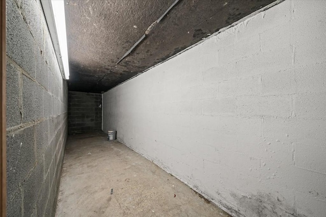 unfinished basement featuring concrete block wall