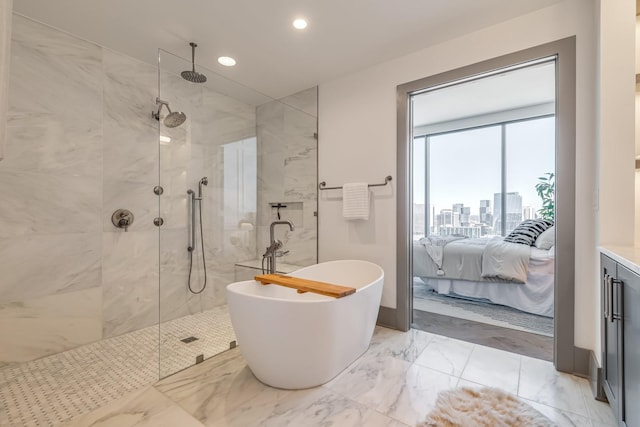 1616 W End Ave Unit 2602, Nashville, TN 37203 - ensuite bathroom featuring ensuite bath, a freestanding tub, recessed lighting, walk in shower, and marble finish floor