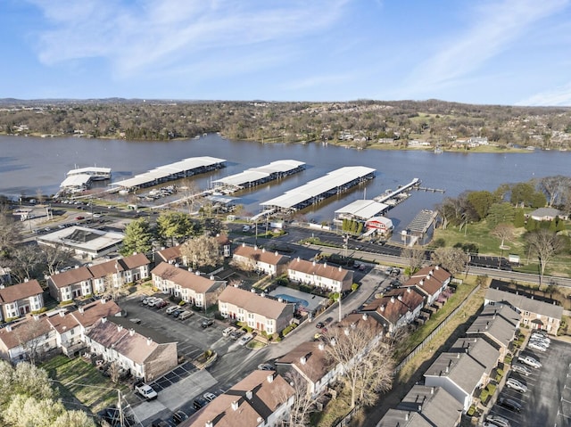 drone / aerial view featuring a water view