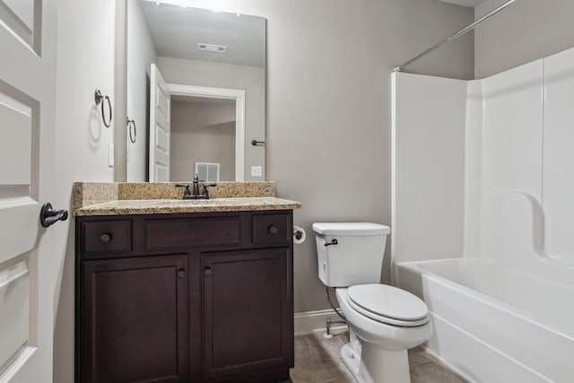 bathroom featuring toilet, baseboards, visible vents, tile patterned flooring, and vanity
