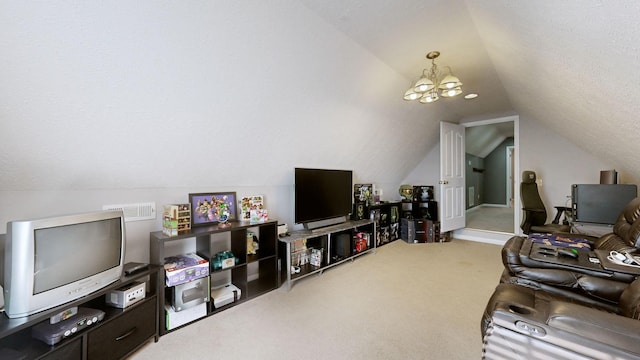 living area featuring visible vents, a notable chandelier, carpet flooring, and vaulted ceiling