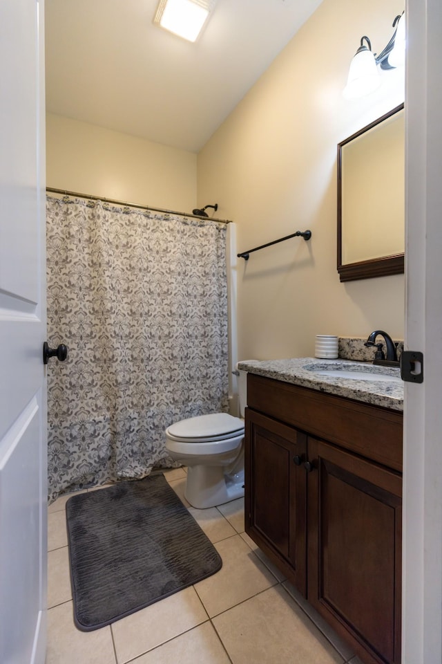 full bath with tile patterned flooring, vanity, toilet, and a shower with shower curtain