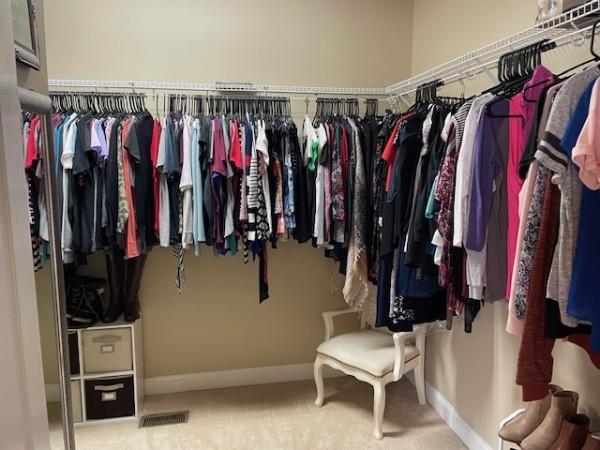 walk in closet featuring visible vents and carpet