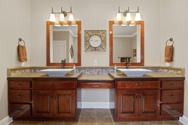 bathroom with baseboards, ornamental molding, a sink, and double vanity