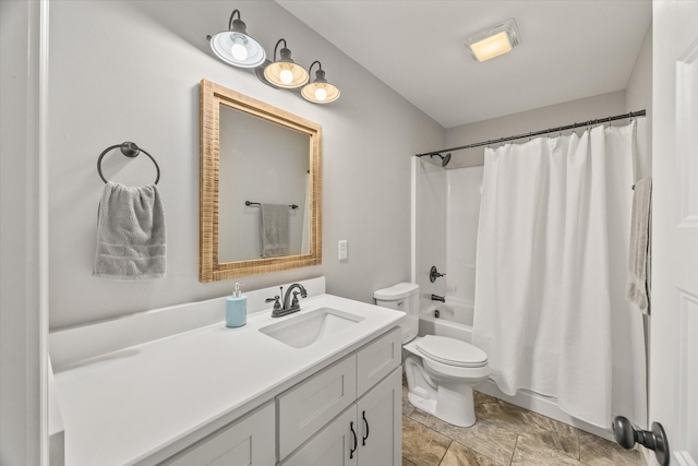 full bathroom with shower / bathtub combination with curtain, toilet, and vanity
