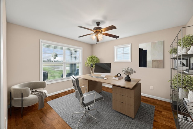 home office with dark wood-style floors, baseboards, and ceiling fan