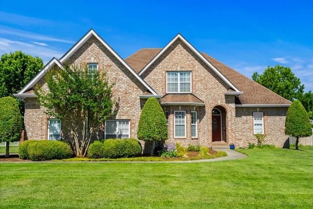 traditional-style house featuring brick siding, roof with shingles, and a front lawn
