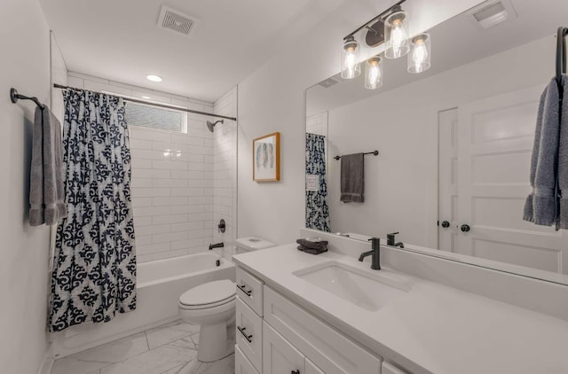 4009B Indiana Ave, Nashville, TN 37209 - full bath with visible vents, toilet, shower / bath combo with shower curtain, marble finish floor, and vanity