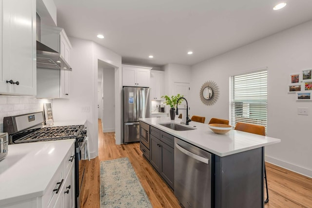 4009B Indiana Ave, Nashville, TN 37209 - kitchen with a sink, wall chimney exhaust hood, white cabinetry, and stainless steel appliances
