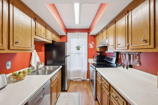 kitchen with under cabinet range hood, light countertops, appliances with stainless steel finishes, and a sink