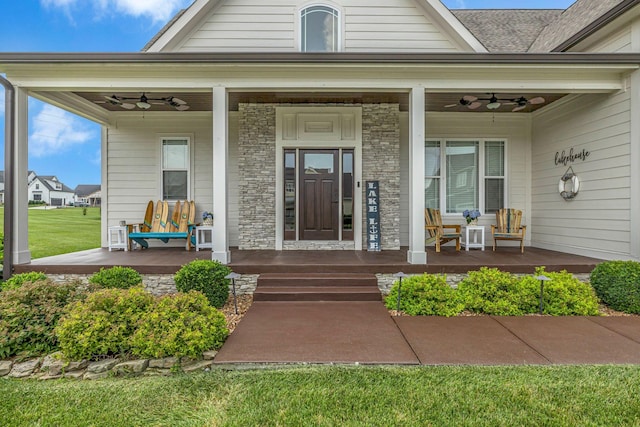 214 River Watch Way, Winchester, TN 37398 - view of exterior entry with a porch, a ceiling fan, and a lawn