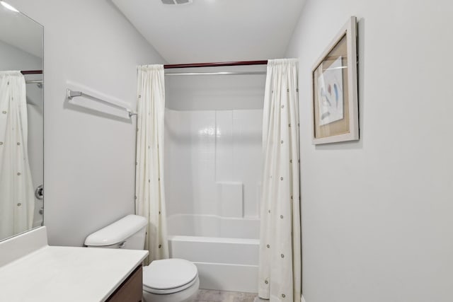 bathroom featuring visible vents, toilet, vanity, and shower / tub combo with curtain