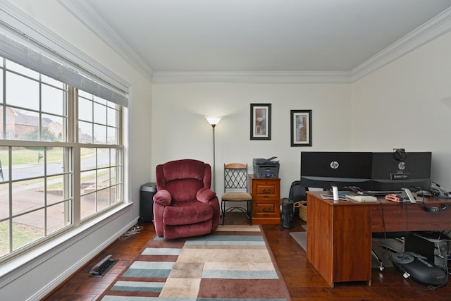 office space with ornamental molding, visible vents, and dark wood-style floors