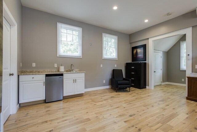 1926 20th Ave S, Nashville, TN 37212 - kitchen featuring light wood-style flooring, dishwasher, baseboards, recessed lighting, and white cabinetry