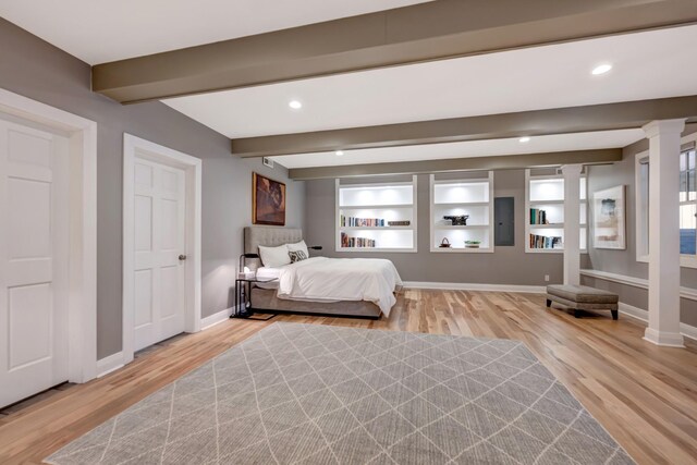 1926 20th Ave S, Nashville, TN 37212 - bedroom featuring recessed lighting, decorative columns, baseboards, beamed ceiling, and wood finished floors