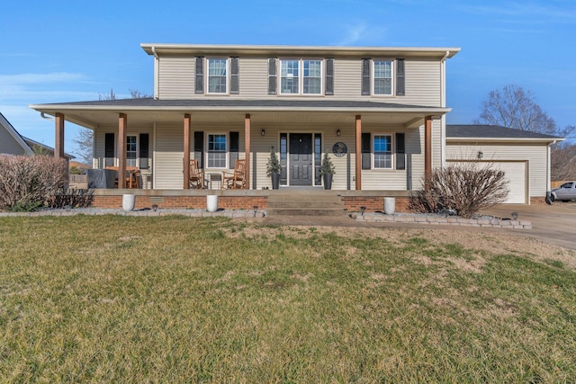 3355 Clearwater Dr, Clarksville, TN 37042 - view of front of house featuring a garage, a porch, concrete driveway, and a front lawn