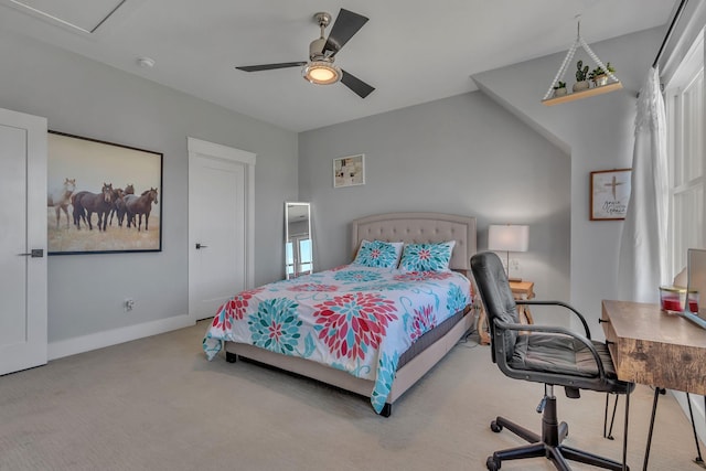 bedroom featuring baseboards, carpet floors, and ceiling fan