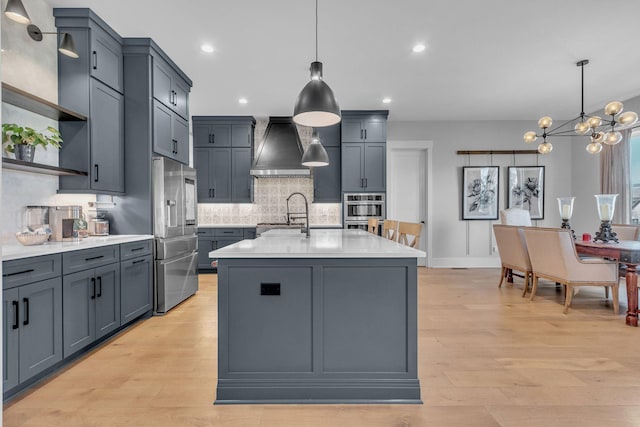 kitchen with premium range hood, open shelves, backsplash, stainless steel fridge with ice dispenser, and light countertops
