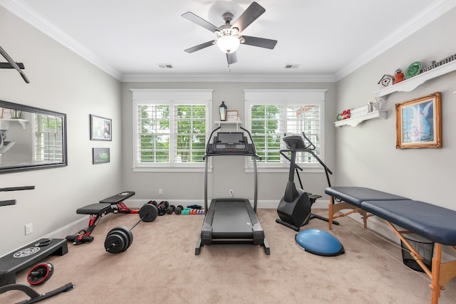 245 Cypress Lake Cv, Arlington, TN 38002 - exercise room with plenty of natural light, carpet flooring, crown molding, and ceiling fan