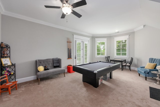 245 Cypress Lake Cv, Arlington, TN 38002 - rec room with ornamental molding, carpet flooring, billiards, and a ceiling fan