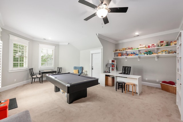245 Cypress Lake Cv, Arlington, TN 38002 - playroom with pool table, ornamental molding, ceiling fan, light carpet, and recessed lighting