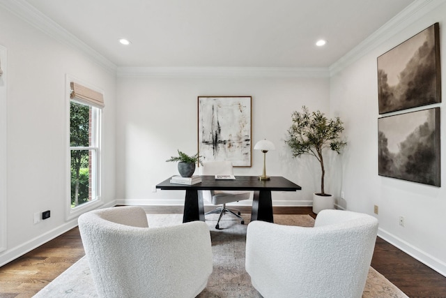 home office featuring baseboards, recessed lighting, and ornamental molding