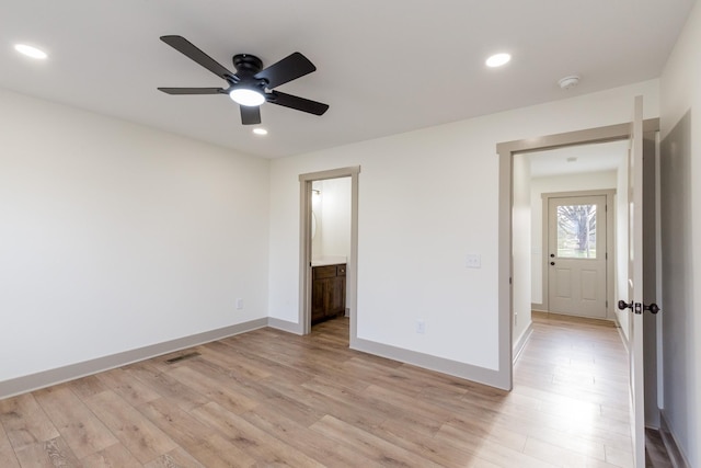 unfurnished room featuring recessed lighting, a ceiling fan, and light wood finished floors