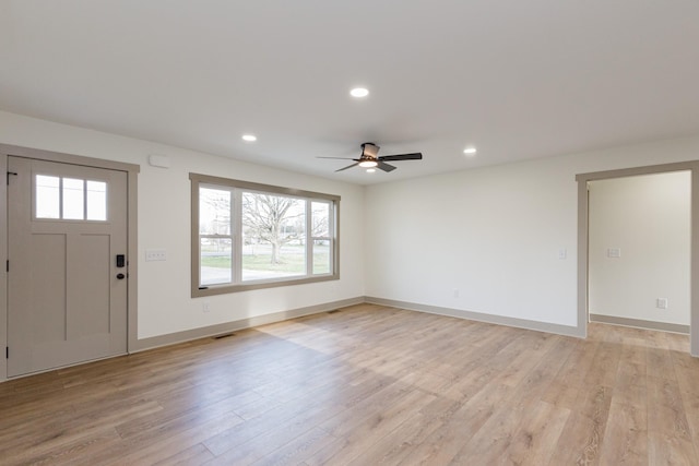 foyer featuring a ceiling fan, visible vents, baseboards, recessed lighting, and light wood-type flooring