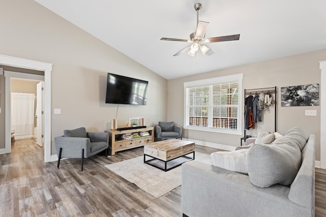 2619 Prospect Rd, Dalton, GA 30721 - living room with baseboards, wood finished floors, ceiling fan, and vaulted ceiling