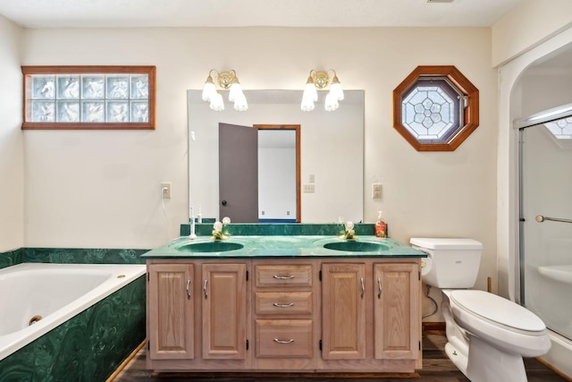 bathroom featuring double vanity, toilet, a garden tub, and a sink