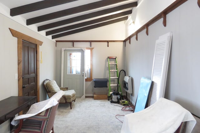 interior space with vaulted ceiling with beams and carpet floors