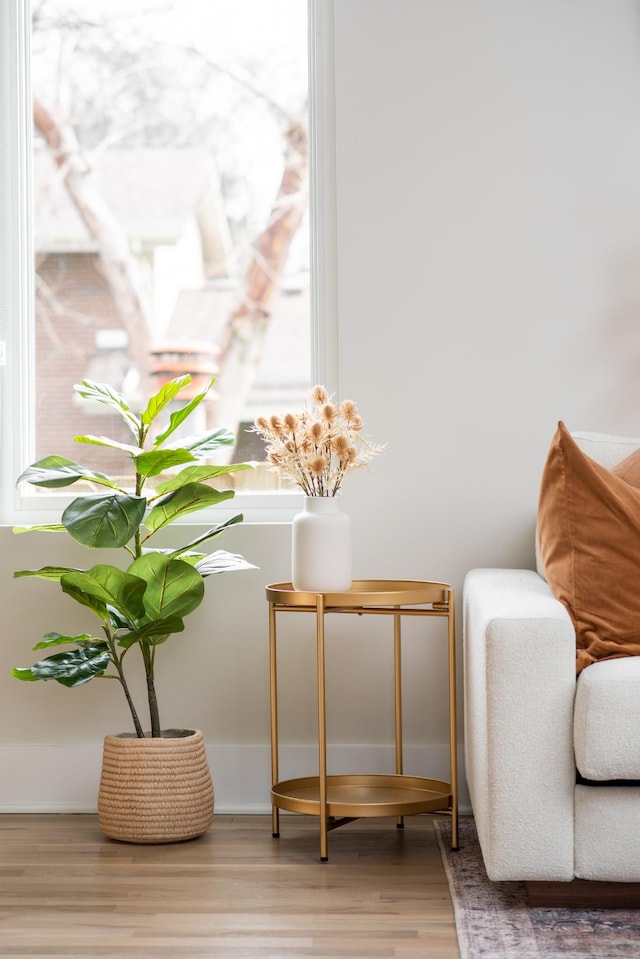 living area featuring wood finished floors and baseboards
