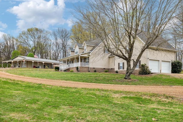 view of property exterior featuring crawl space, dirt driveway, a porch, a garage, and a lawn