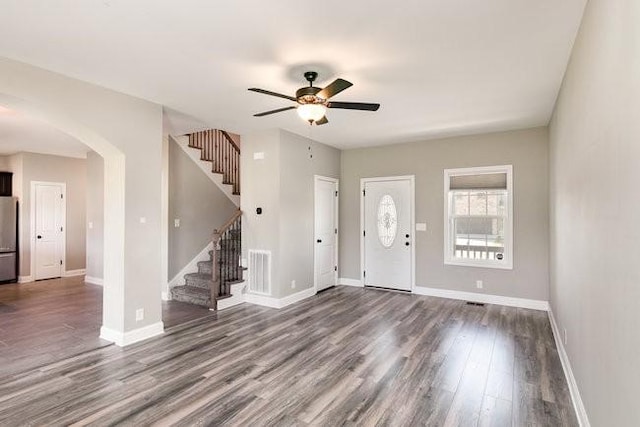 1033 Garner Hills Dr, Clarksville, TN 37042 - foyer with visible vents, baseboards, ceiling fan, stairs, and dark wood-style floors