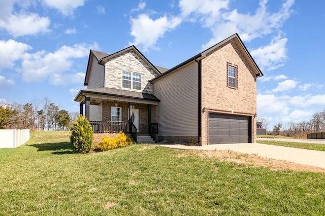 1033 Garner Hills Dr, Clarksville, TN 37042 - view of front of property with fence, concrete driveway, a front yard, covered porch, and an attached garage