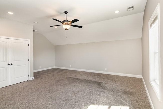 1033 Garner Hills Dr, Clarksville, TN 37042 - bonus room featuring carpet, baseboards, visible vents, ceiling fan, and vaulted ceiling