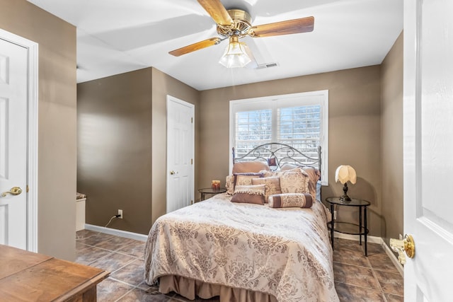 bedroom featuring visible vents, baseboards, and a ceiling fan