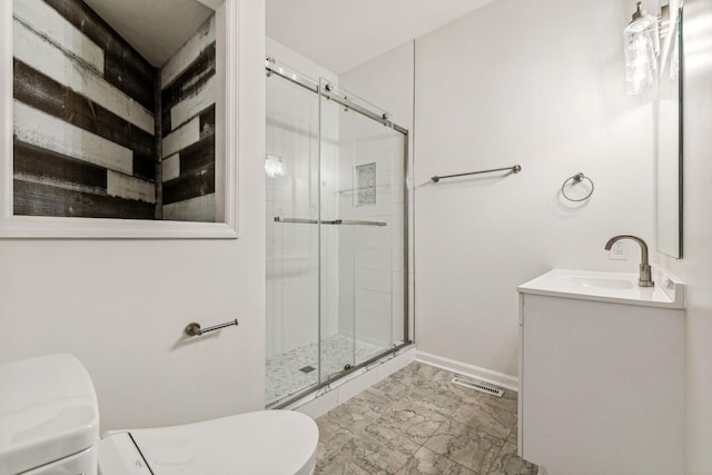 bathroom featuring visible vents, marble finish floor, toilet, and a shower stall