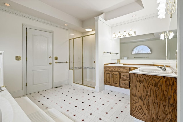 bathroom with vanity, a shower stall, and tile patterned floors