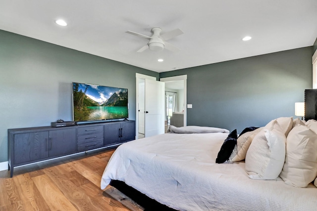 bedroom with recessed lighting, a ceiling fan, and wood finished floors