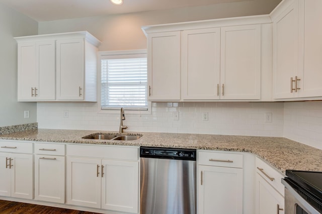 kitchen featuring a sink, white cabinetry, decorative backsplash, and stainless steel dishwasher