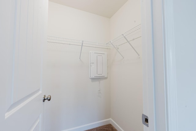 laundry area featuring electric panel, laundry area, baseboards, and carpet floors