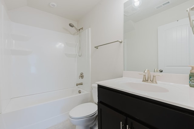 bathroom featuring visible vents, shower / bathtub combination, toilet, and vanity
