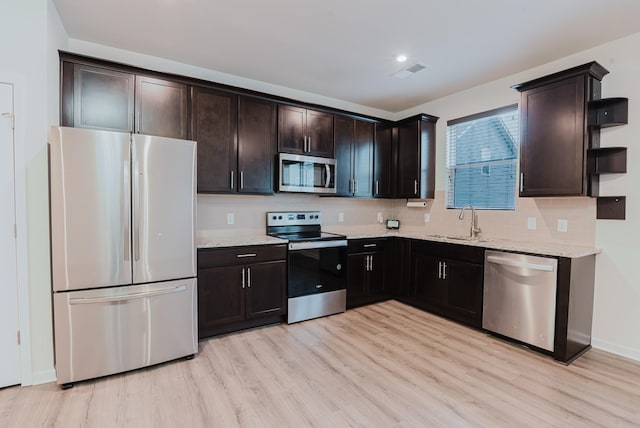 kitchen with light wood finished floors, visible vents, a sink, stainless steel appliances, and open shelves