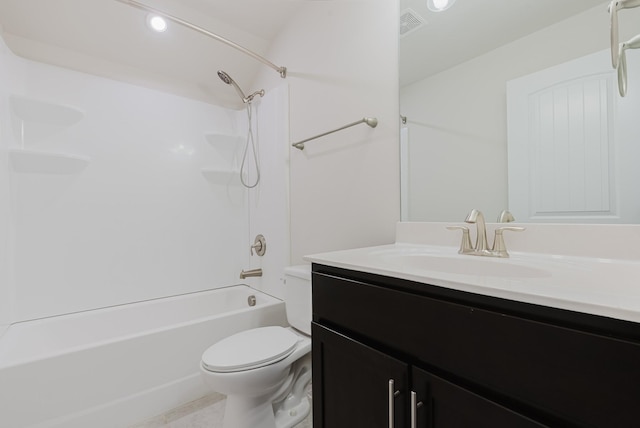 full bath with vanity, bathing tub / shower combination, toilet, and visible vents