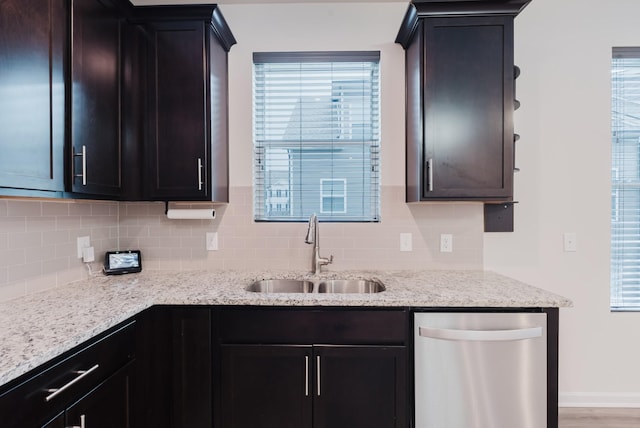 kitchen featuring stainless steel dishwasher, a wealth of natural light, backsplash, and a sink